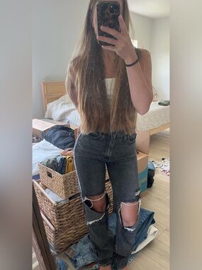 High-Waisted Distressed Black Ripped Jeans